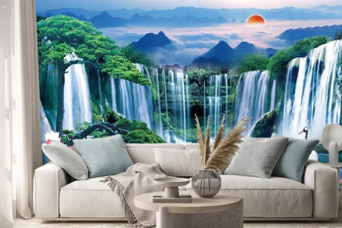 Naklejka: Abstrakcyjny wodospad z górskim krajobrazem