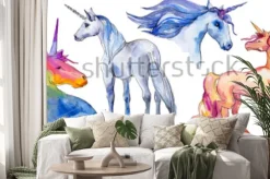 Naklejka: Ładny jednorożec konia. bajkowe dzieci słodki sen. tęczowy róg