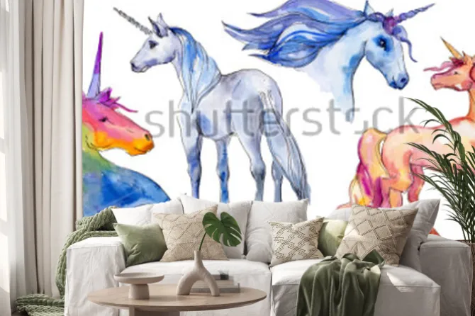 Naklejka: Ładny jednorożec konia. bajkowe dzieci słodki sen. tęczowy róg