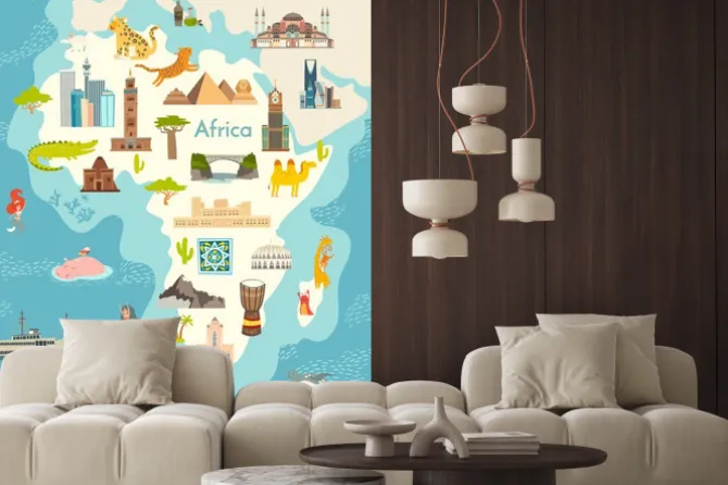 Naklejka: Africa continent, world map with landmarks vector cartoon illustration.