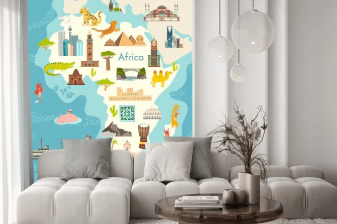 Naklejka: Africa continent, world map with landmarks vector cartoon illustration.