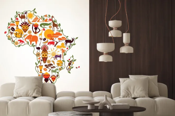 Naklejka: Afryka mapa podróże, decrative symbolem kontynentu afryki z eth