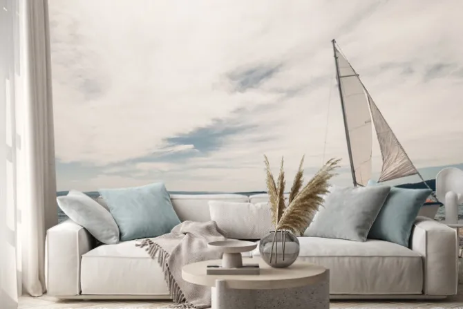 Naklejka: Żaglowiec na tropikalnej plaży z niebieskim tle wody