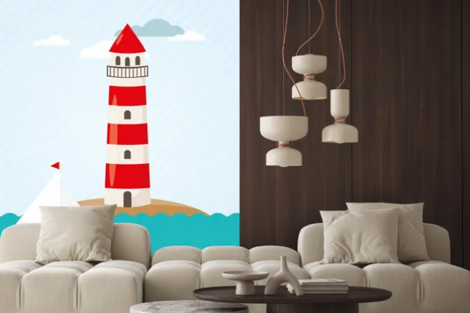 Naklejka: Żaglówka na morzu przodu lighthouse vector