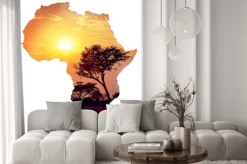 Naklejka: Akacja i zachodzące słońce na grafice w kształcie afryki