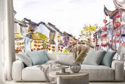 Naklejka: Akwarela - canal wody w starym mieście w chinach. czerwone latarnie.