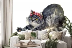 Naklejka: Akwarela ładny kot z kwiatami