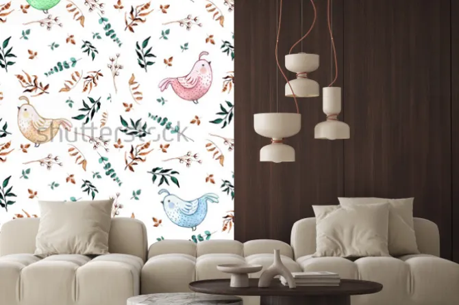 Naklejka: Akwarela ładny ręcznie rysowane wzór. małe przepiórki ptaków