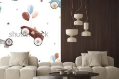 Naklejka: Akwarela ładny wzór retro samochody, balon i gwiazda, tapety