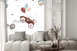 Naklejka: Akwarela ładny wzór retro samochody, balon i gwiazda, tapety