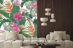 Naklejka: Akwarela bezszwowe wzór z pięknych egzotycznych kwiatów na białym