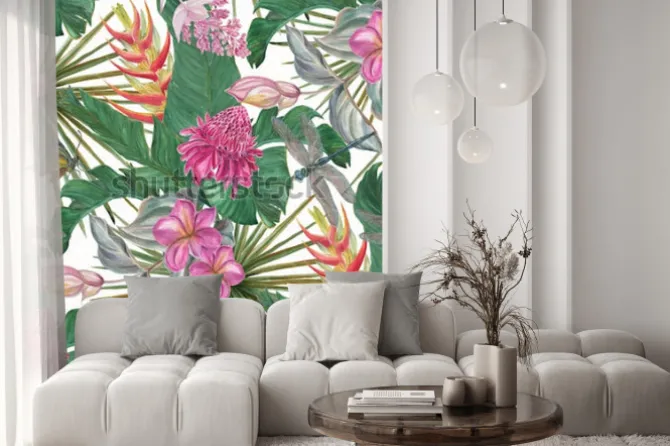 Naklejka: Akwarela bezszwowe wzór z pięknych egzotycznych kwiatów na białym