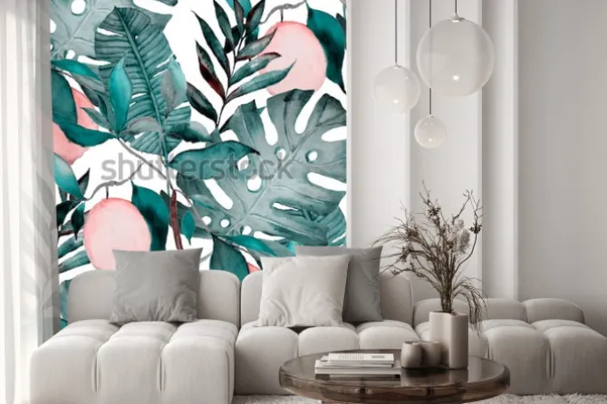 Naklejka: Akwarela bezszwowe wzór z tropikalnych liści i owoców cytrusowych.