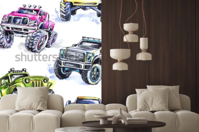 Naklejka: Akwarela bezszwowe wzór cartoon monster trucks. kolorowe tło