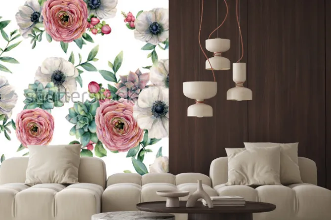 Naklejka: Akwarela bezszwowe wzór z soczyste, jaskier, anemon. wręcza malujących