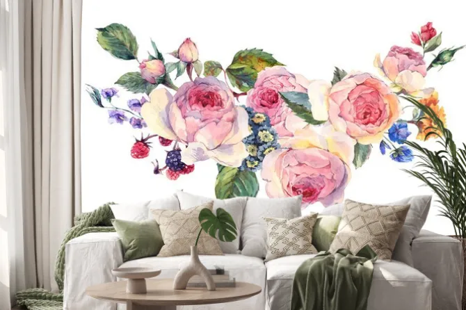 Naklejka: Akwarela bukiet róż angielskich i kwiaty