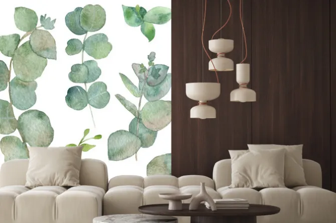 Naklejka: Akwarela eukaliptusa okrągłe liście i gałęzie kwiatowy gałązka.