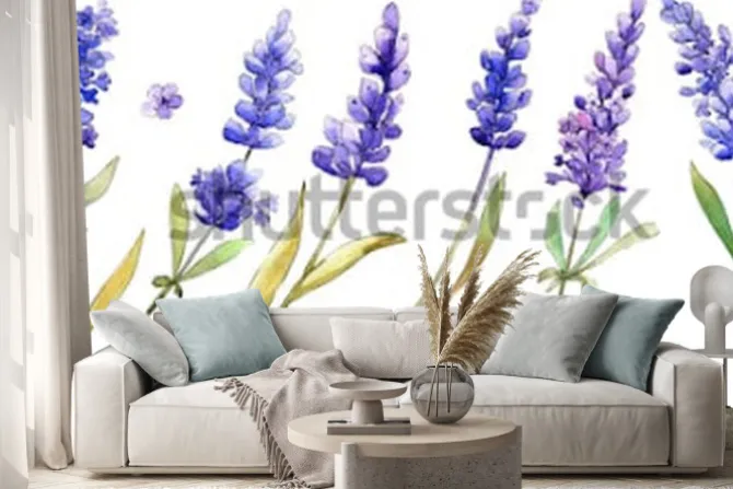 Naklejka: Akwarela fioletowe kwiaty lawendy. kwiatowy kwiat botaniczny.