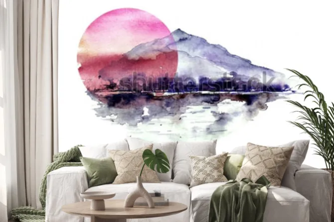 Naklejka: Akwarela górski krajobraz, niebieski, fioletowe góry, szczyt,