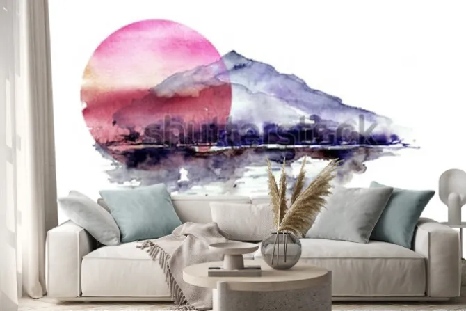 Naklejka: Akwarela górski krajobraz, niebieski, fioletowe góry, szczyt,