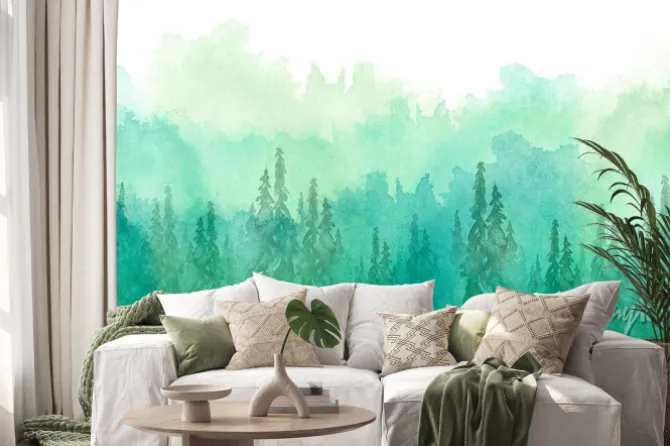 Naklejka: Akwarela grupa drzew - jodła, sosna, cedr, jodła. zielony las,