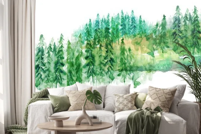 Naklejka: Akwarela grupy drzew - jodła, sosna, cedr, jodła drzewa. zielony