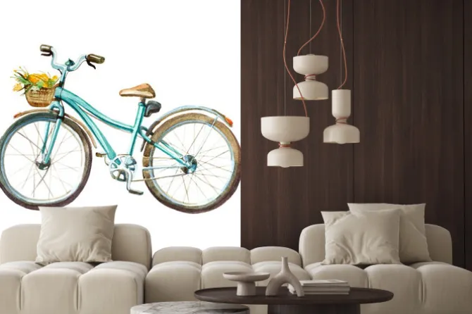 Naklejka: Akwarela ilustracji. dziewczynka mięta rower z koszem pełnym