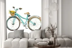 Naklejka: Akwarela ilustracji. dziewczynka mięta rower z koszem pełnym