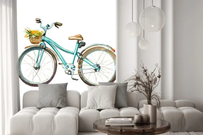 Naklejka: Akwarela ilustracji. dziewczynka mięta rower z koszem pełnym