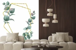 Naklejka: Akwarela kompozycja wektor z gałęzi eukaliptusa i złota rama