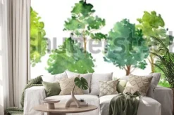 Naklejka: Akwarela krajobraz z drzew liściastych, sosny, krzewów i trawy,