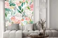 Naklejka: Akwarela kwiatowy wzór z kwiatów i liści na białym tle, idealny