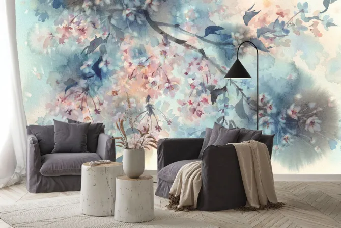 Naklejka: Akwarela kwitnących kwiatów wiśni