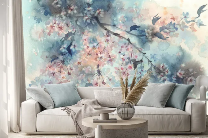 Naklejka: Akwarela kwitnących kwiatów wiśni