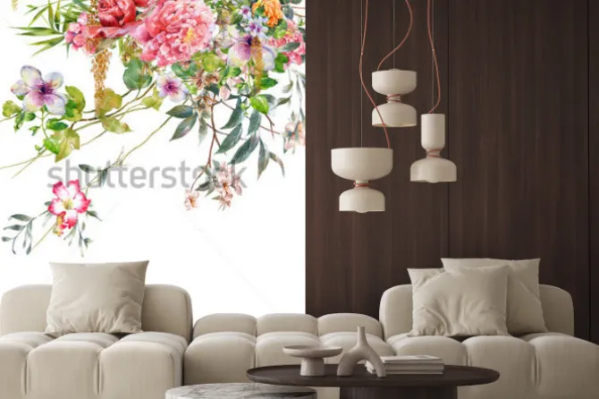 Naklejka: Akwarela malarstwo liści i kwiatów, na białym tle