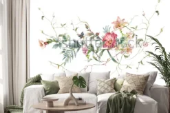 Naklejka: Akwarela malarstwo liści i kwiatów, na białym tle