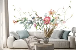 Naklejka: Akwarela malarstwo liści i kwiatów, na białym tle