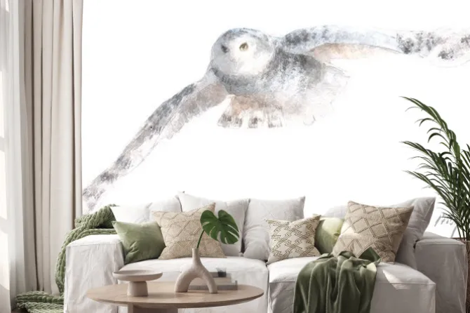 Naklejka: Akwarela na białym tle ilustracja biała sowa polarna, rysunek