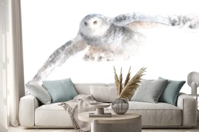 Naklejka: Akwarela na białym tle ilustracja biała sowa polarna, rysunek