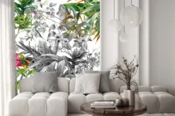 Naklejka: Akwarela obraz liść i kwiaty, wzór na białym tle