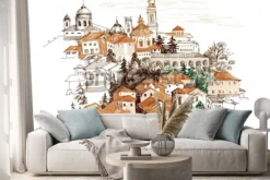 Naklejka: Akwarela pejzaż miejski z domami ilustracyjnymi.