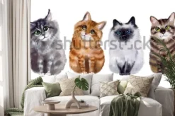 Naklejka: Akwarela słodkie śmieszne koty na białym tle