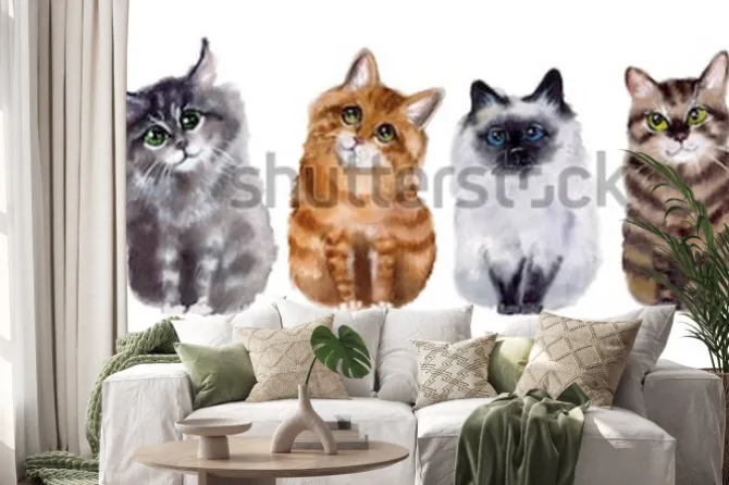 Naklejka: Akwarela słodkie śmieszne koty na białym tle