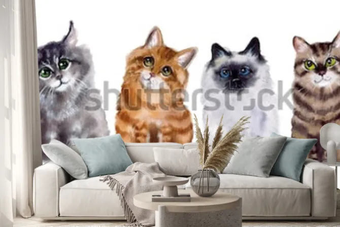 Naklejka: Akwarela słodkie śmieszne koty na białym tle