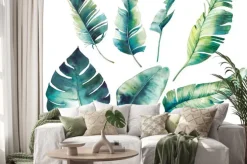 Naklejka: Akwarela tropikalnych liści: monstera, kauczukowiec, palma bananowa.