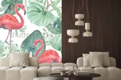 Naklejka: Akwarela tropikalny wzór z tropikalnych liści, ptaki flamingo