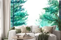 Naklejka: Akwarela turkusowy zimowy las sosnowy krajobraz lasu