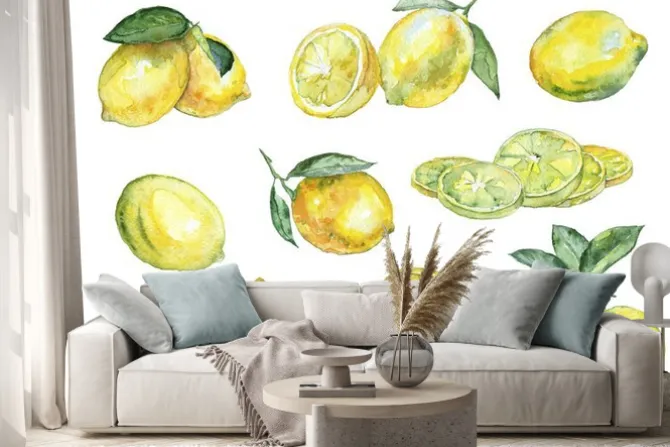 Naklejka: Akwarela. vintage zestaw cytryn.