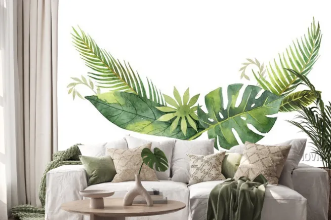 Naklejka: Akwarela wieniec tropikalnych liści i gałęzi samodzielnie na