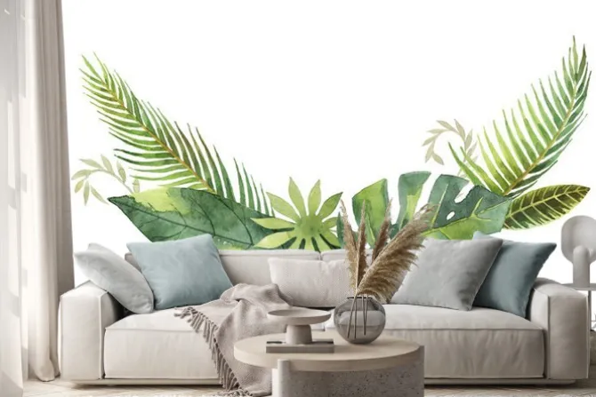 Naklejka: Akwarela wieniec tropikalnych liści i gałęzi samodzielnie na